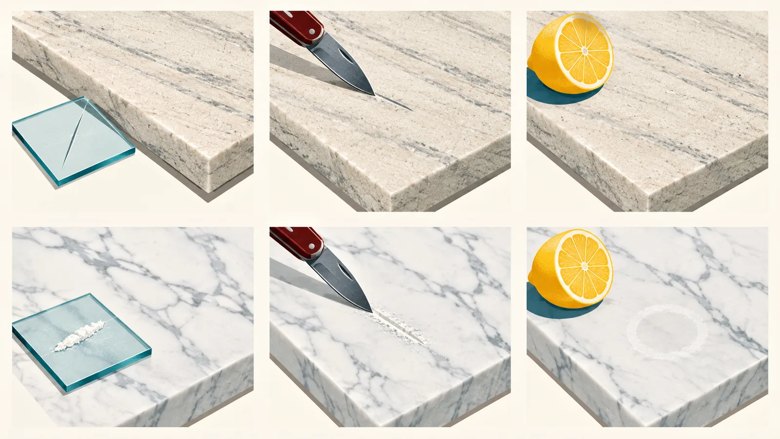 Illustration of three stone tests in two rows: banded quartzite cuts a groove in glass, takes only a fine knife streak and shows no lemon mark, while veined marble leaves powder on uncut glass, takes a white knife groove and shows a dull etched ring