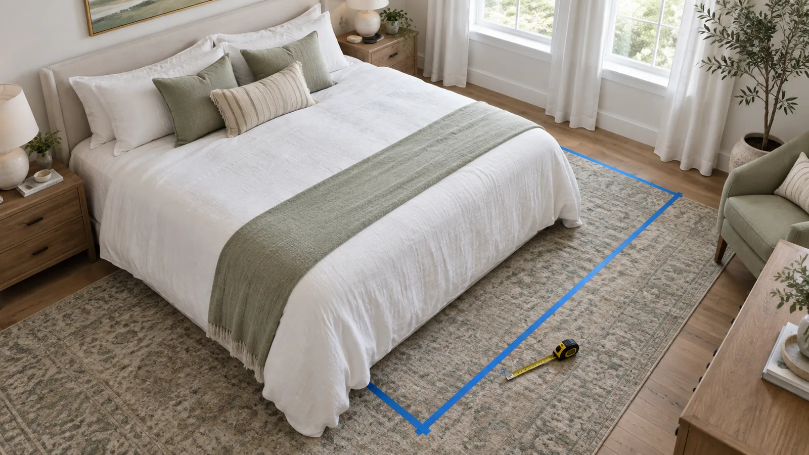 Bed dressed in white linen and a sage runner in a bright bedroom, with blue painter's tape on the rug outlining a bed footprint for comparison and a tape measure beside it