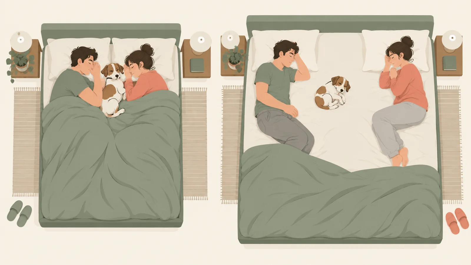Top-down illustration comparing two adults and a dog on a queen bed, where they are squeezed, with the same three on a king bed, where each has room