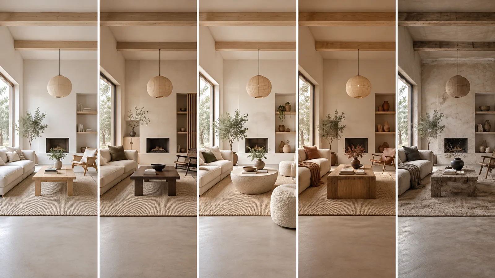 Five versions of the same tall living room using pale wood, warm neutrals, curved furniture, minimal decor, and weathered natural finishes