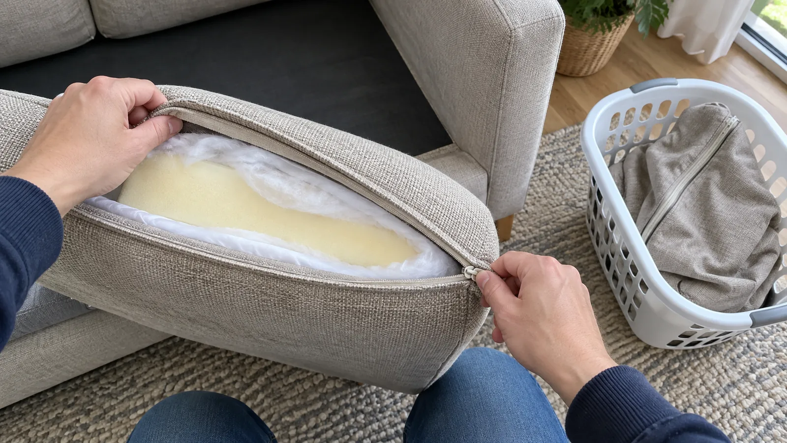 Person unzipping and removing a beige fabric cover from a sofa seat cushion, with a laundry basket beside the sofa