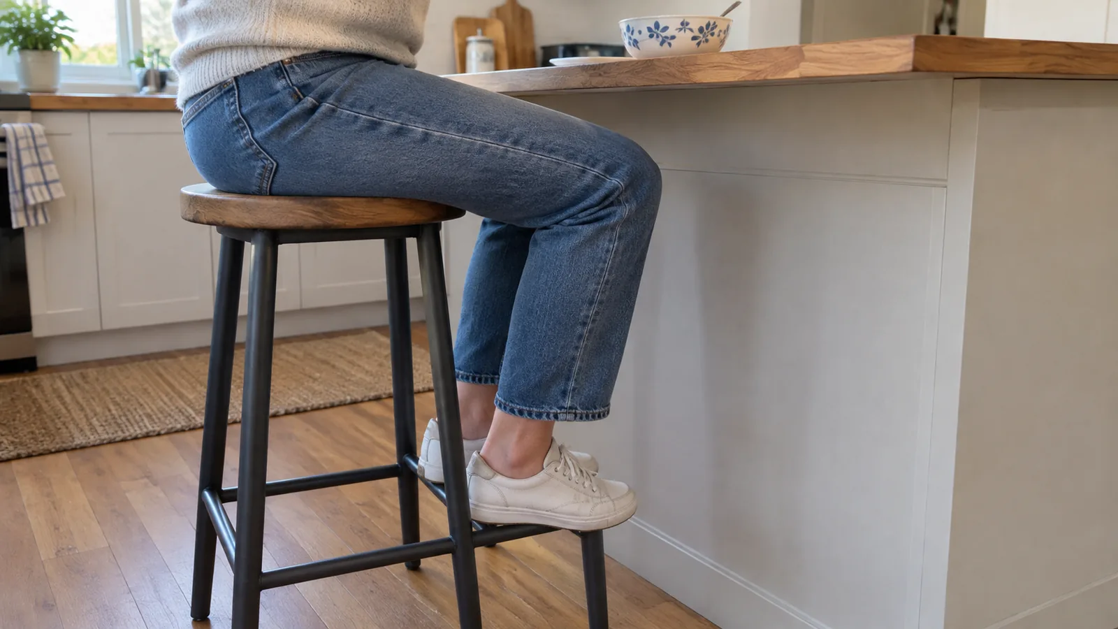 Person seated on a kitchen stool with feet supported on its footrest