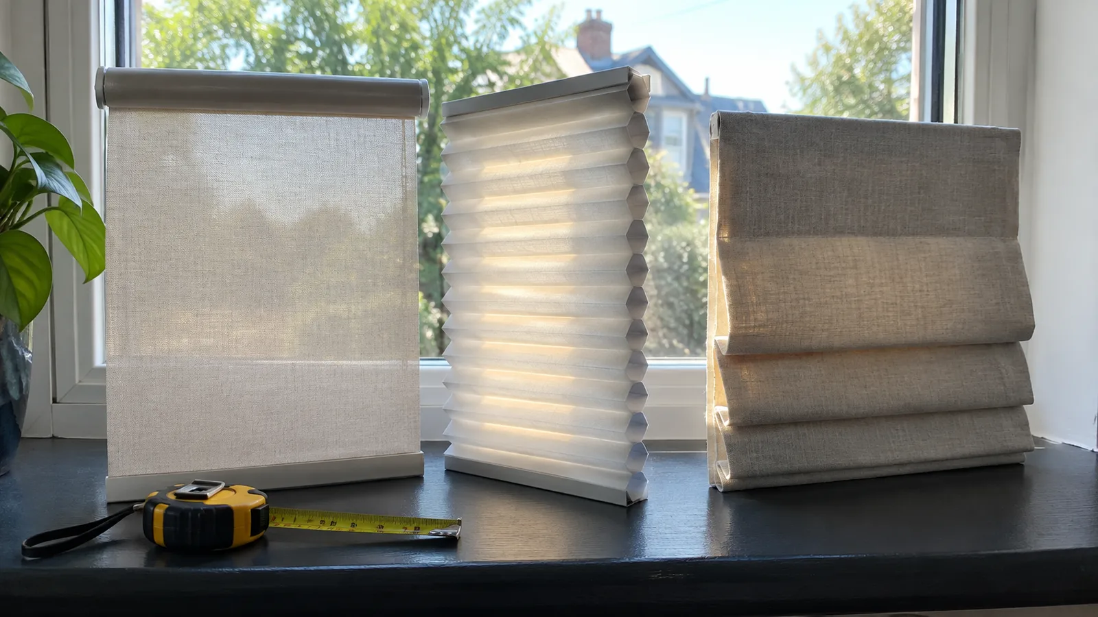Three shade samples on a windowsill, a flat roller, a pleated cellular and a folded Roman, with daylight passing through each differently
