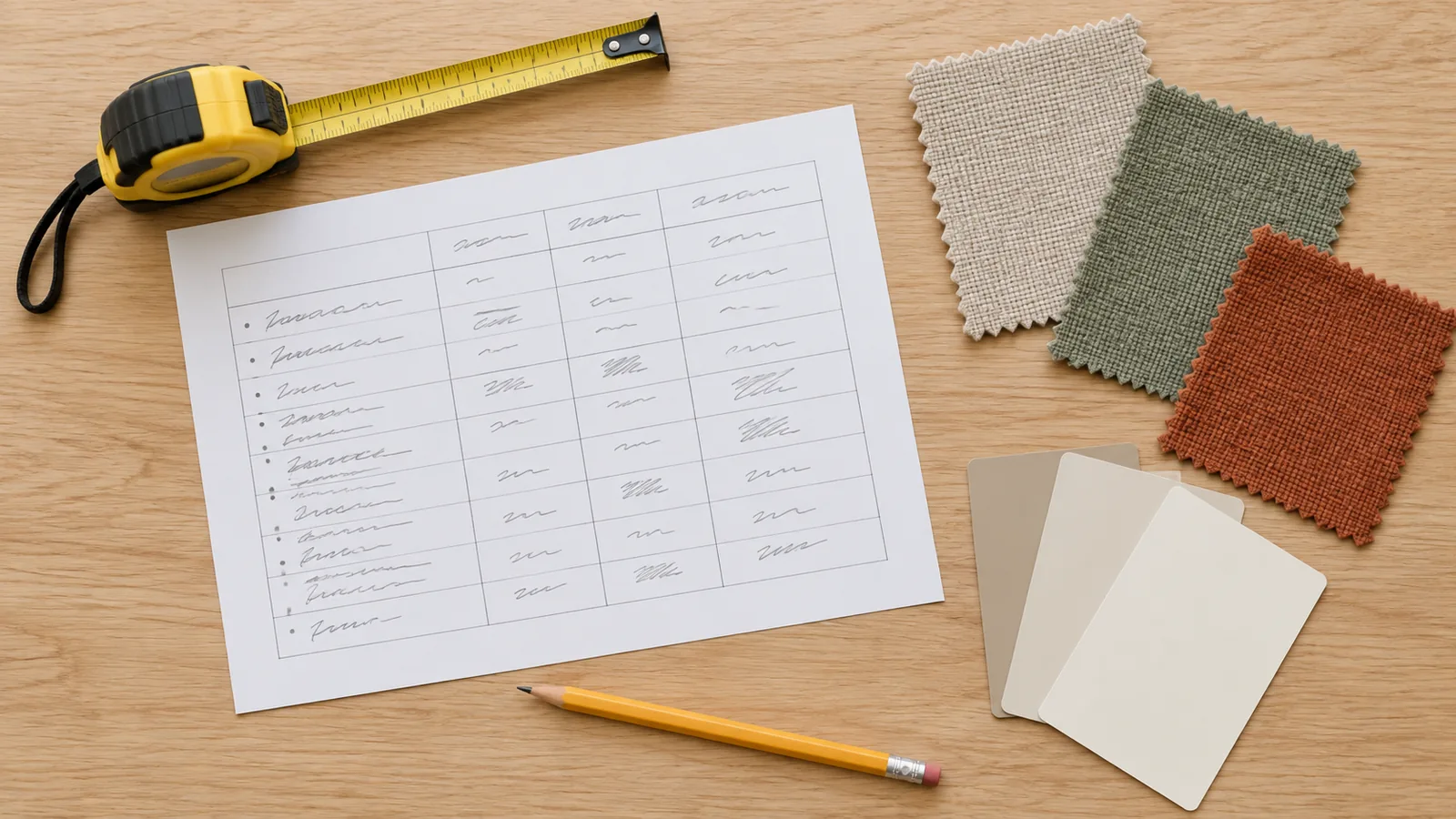Flat lay of a hand-filled room buying list, a tape measure, three fabric swatches in oatmeal, sage, and rust, paint sample cards, and a pencil on a wooden table