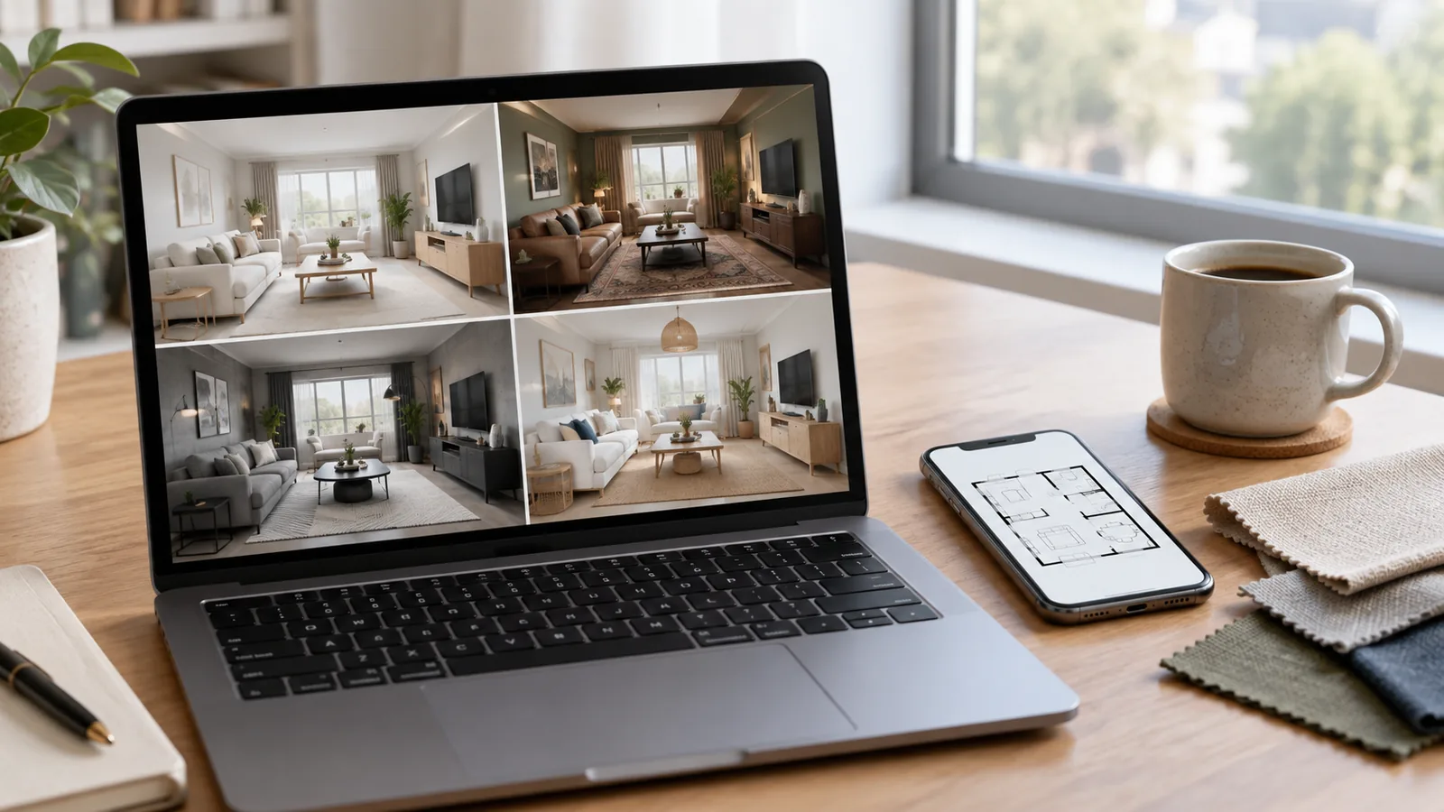 Laptop showing the same living room redesigned in four styles, beside a phone with a floor plan, fabric swatches, and a coffee mug
