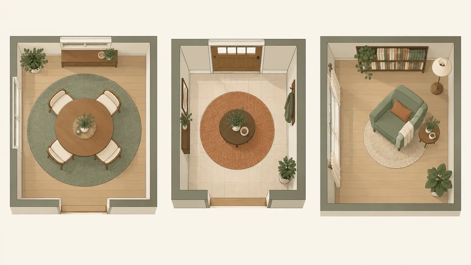 Illustration of three rooms seen from above, each with a round rug: under a round dining table, under a table in a square entry, and under an armchair in a reading corner