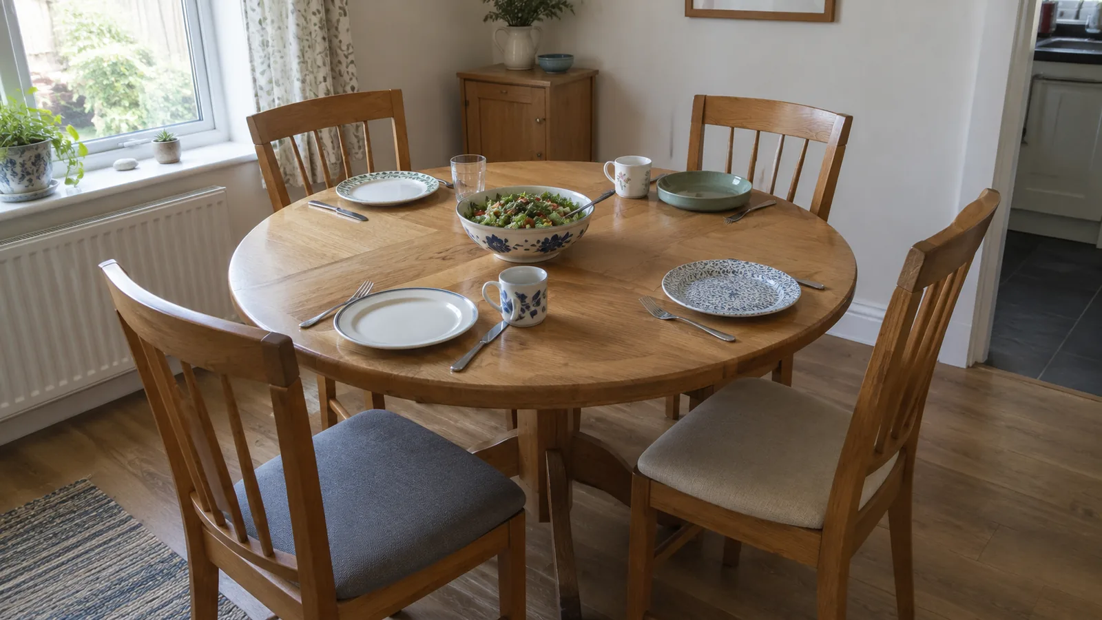 Round dining table surrounded by four wooden chairs, with plates, mugs, placemats and a serving bowl