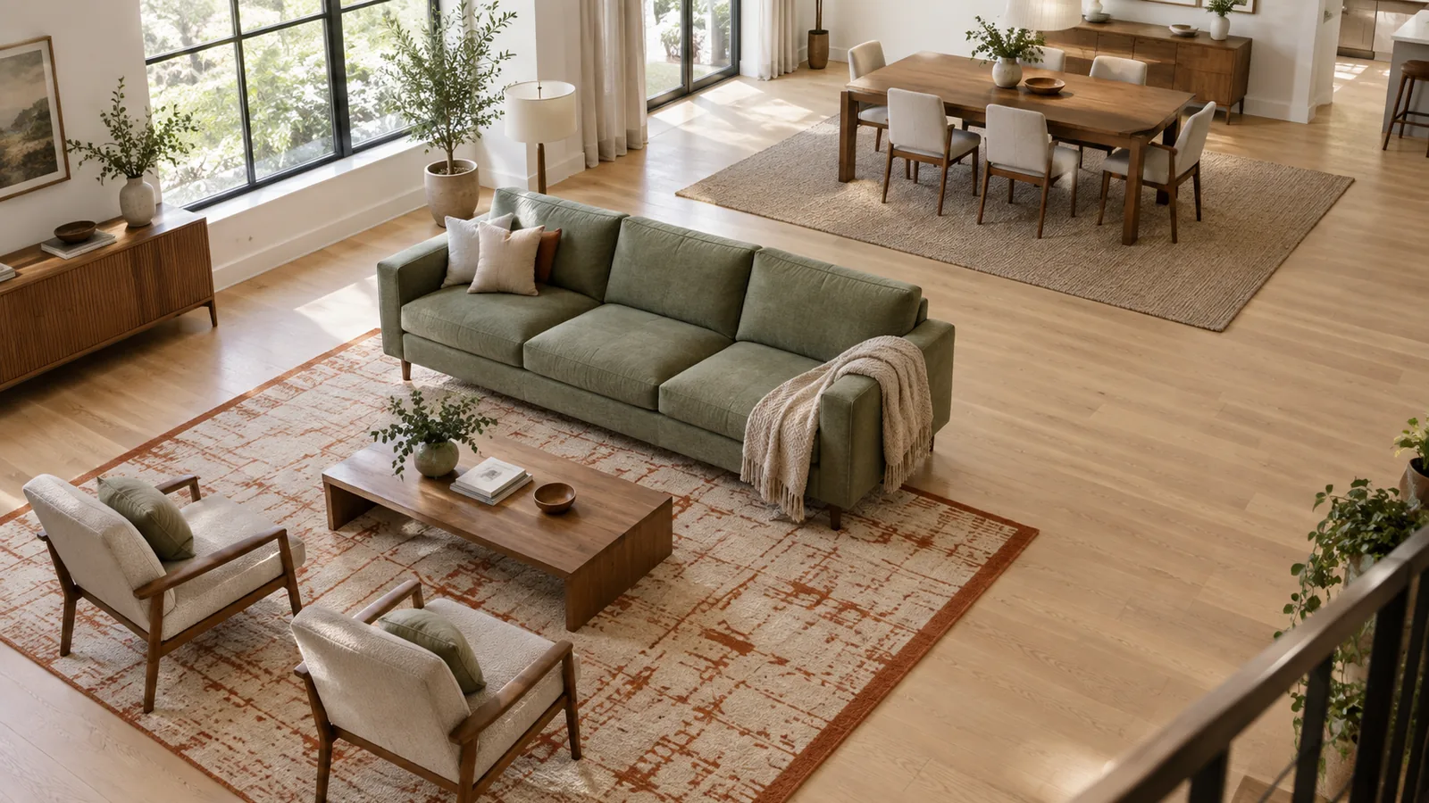 Open-plan living and dining room seen from above, with a cream and rust rug under the front legs of a sage sofa and two armchairs and a separate rug under the whole dining table and chairs