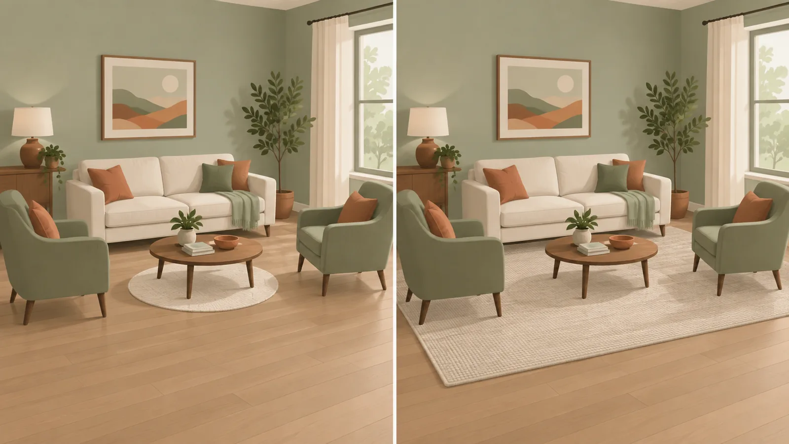 Illustration comparing the same living room twice: a small rug floating under the coffee table on the left, and a larger rug under the front legs of all the seating on the right