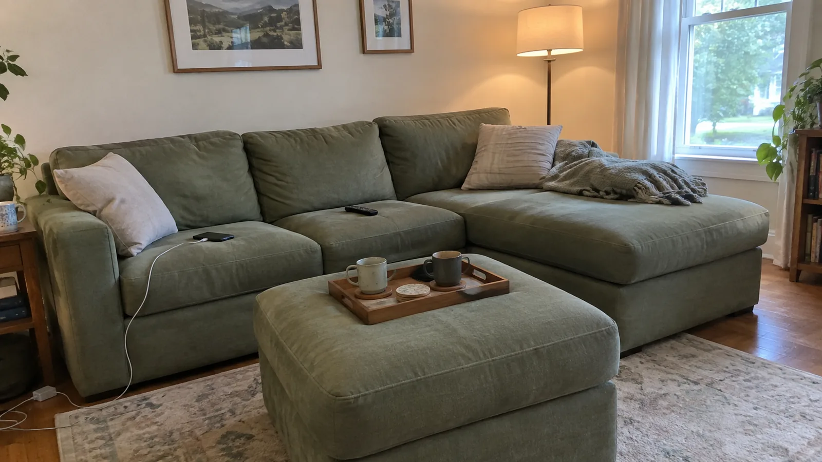 Sage green sofa with a chaise on one end and a matching square ottoman holding a tray with two mugs, in a living room with a floor lamp