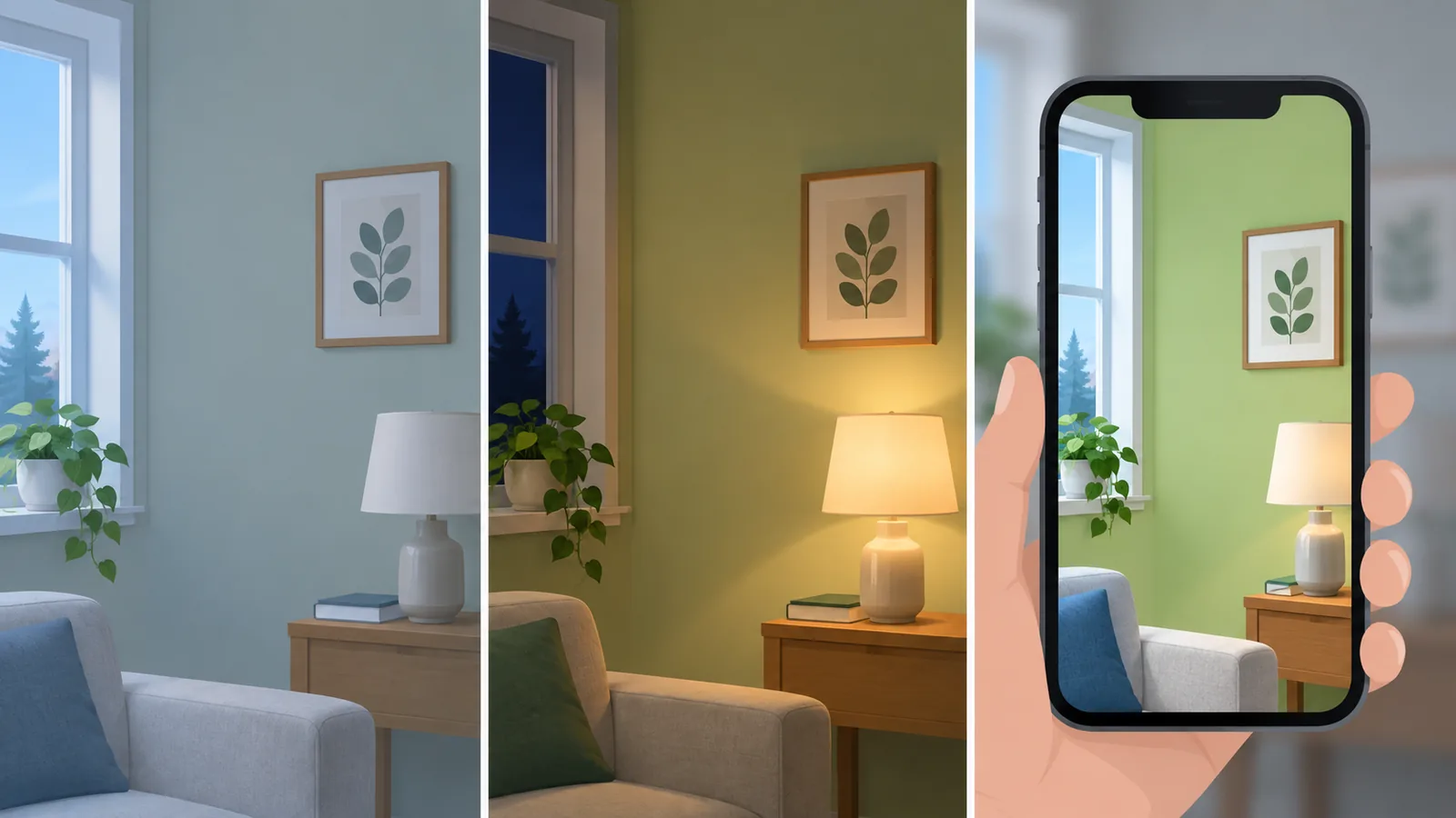 Illustration of the same pale grey-green paint swatch shown three times: in cool north light it looks grey-blue, in warm evening lamp light it looks yellowish, and on a phone screen it looks brighter and more saturated