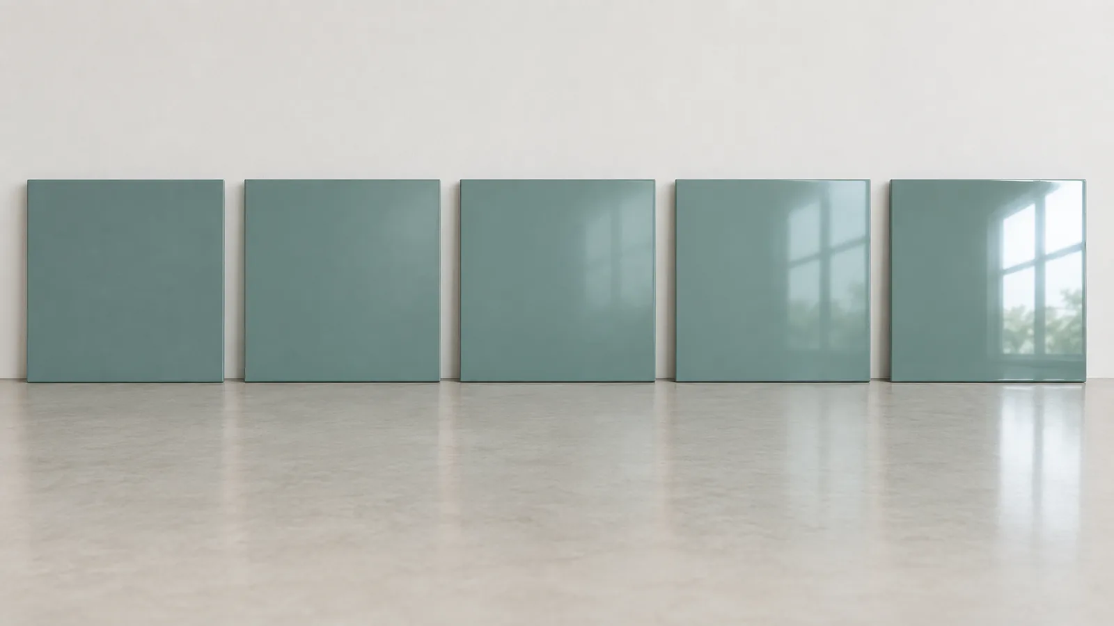 Illustration of five blue-green painted sample boards leaning against a wall, the window reflection growing from none on the left to bright on the right