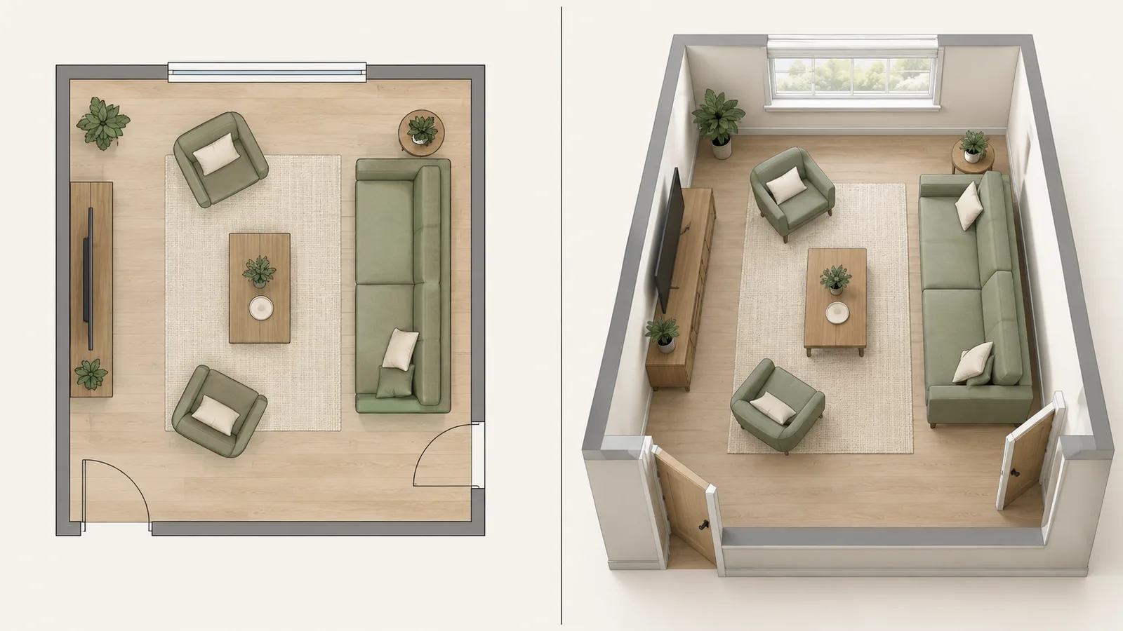 Illustration of the same living room shown as a flat 2D floor plan on the left and as a 3D view on the right, with the furniture in matching positions