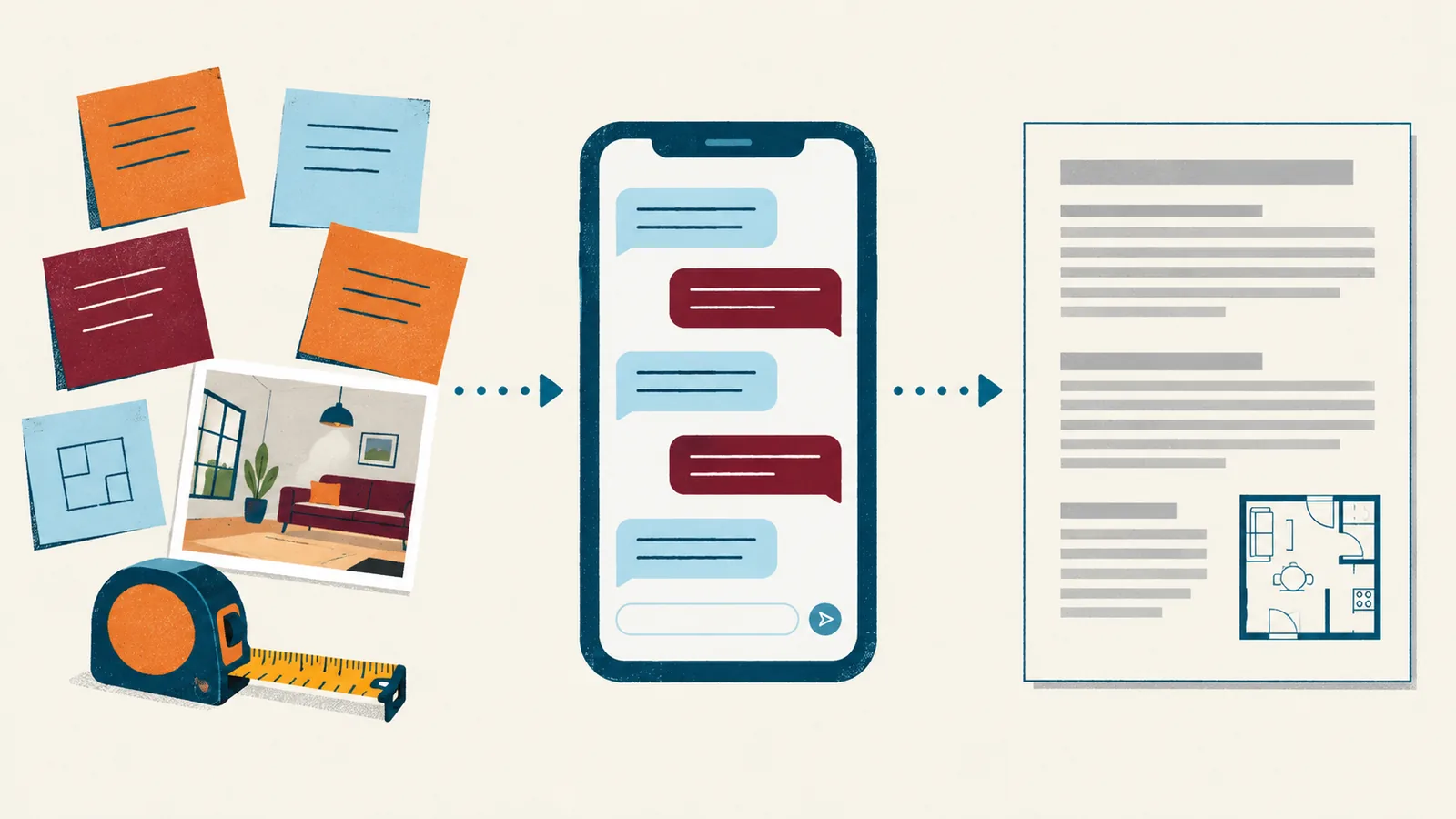 Illustration of a phone chat window in the centre, with scattered sticky notes, a tape measure and a room photo on the left, and one neat page of text blocks with a small floor plan on the right