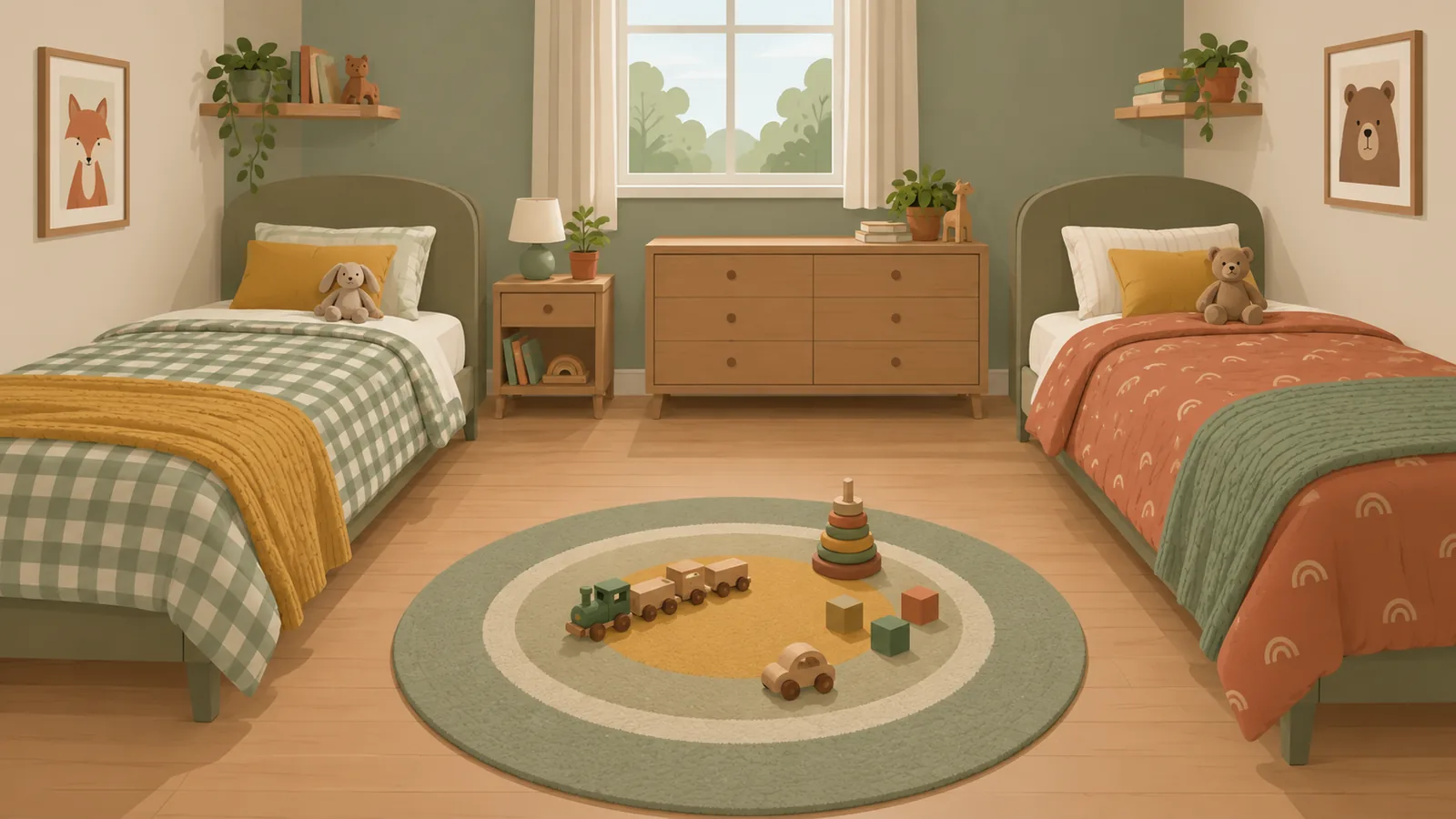 Illustration of a shared children's bedroom with two twin beds against opposite walls, a round play rug with wooden toys between them, and a nightstand and dresser on the end wall