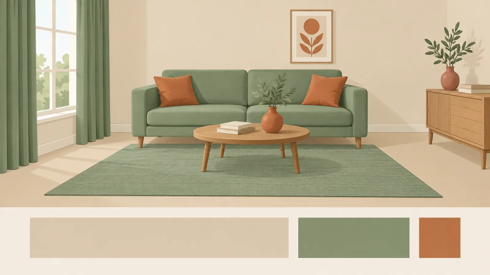 Illustration of one living room broken into its colour proportions: large areas of oatmeal on the walls and floor, sage green on the sofa and curtains, and small terracotta accents on pillows and a vase, with three swatches below