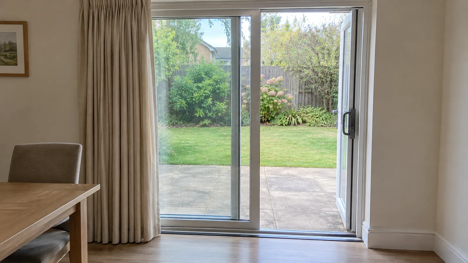 Curtains gathered to the left of an open hinged glazed door, leaving its handle and threshold clear