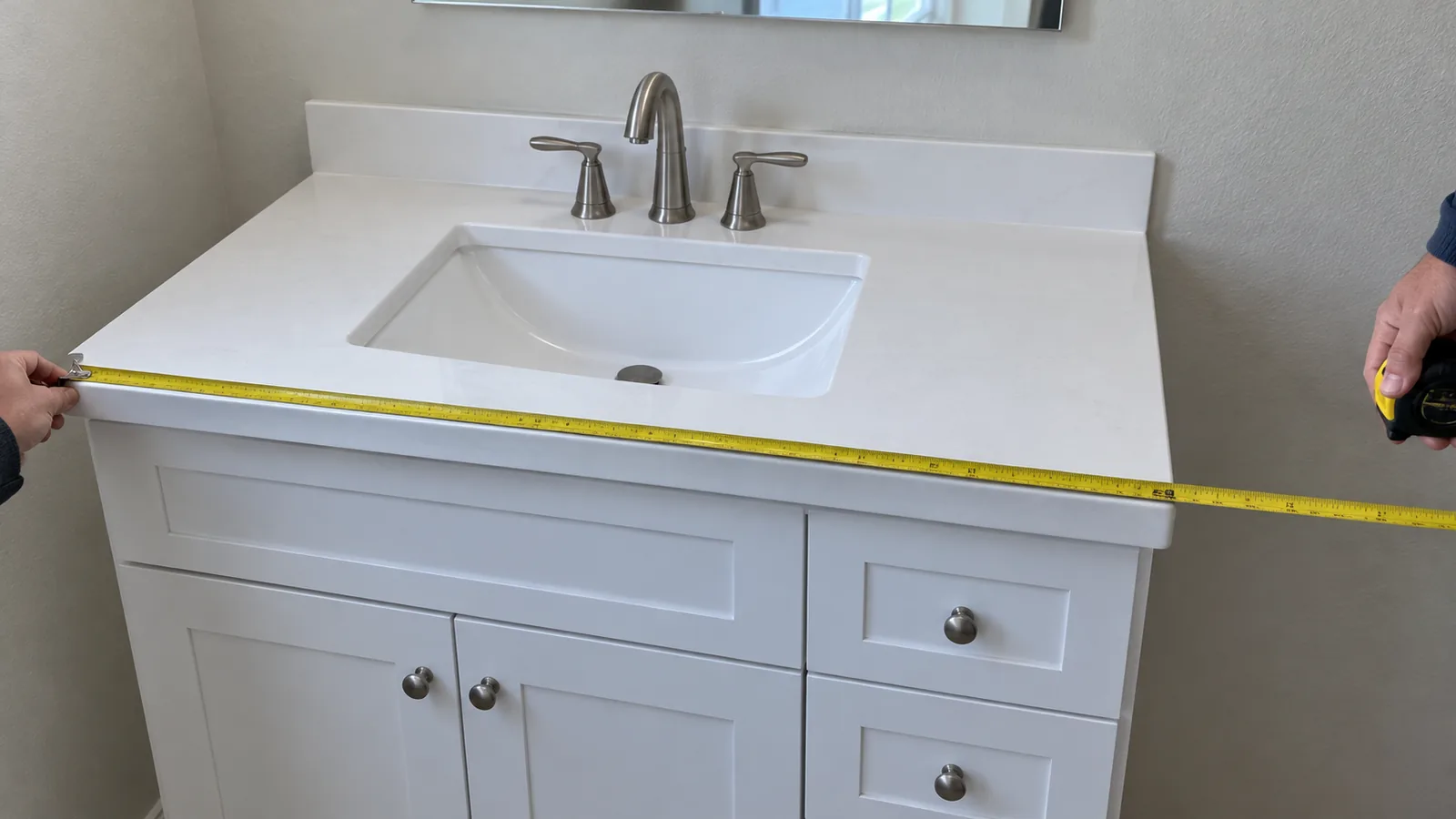 Two people stretching a tape measure across the front of a white bathroom vanity and its countertop