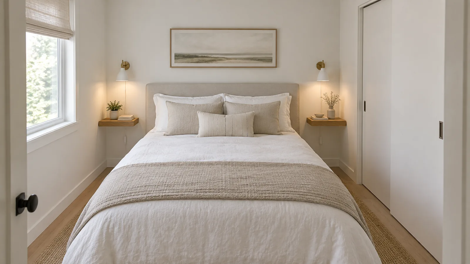 Small bedroom with a queen bed centred between two slim floating nightstands with wall lights above them, and a closet with sliding doors opposite the bed