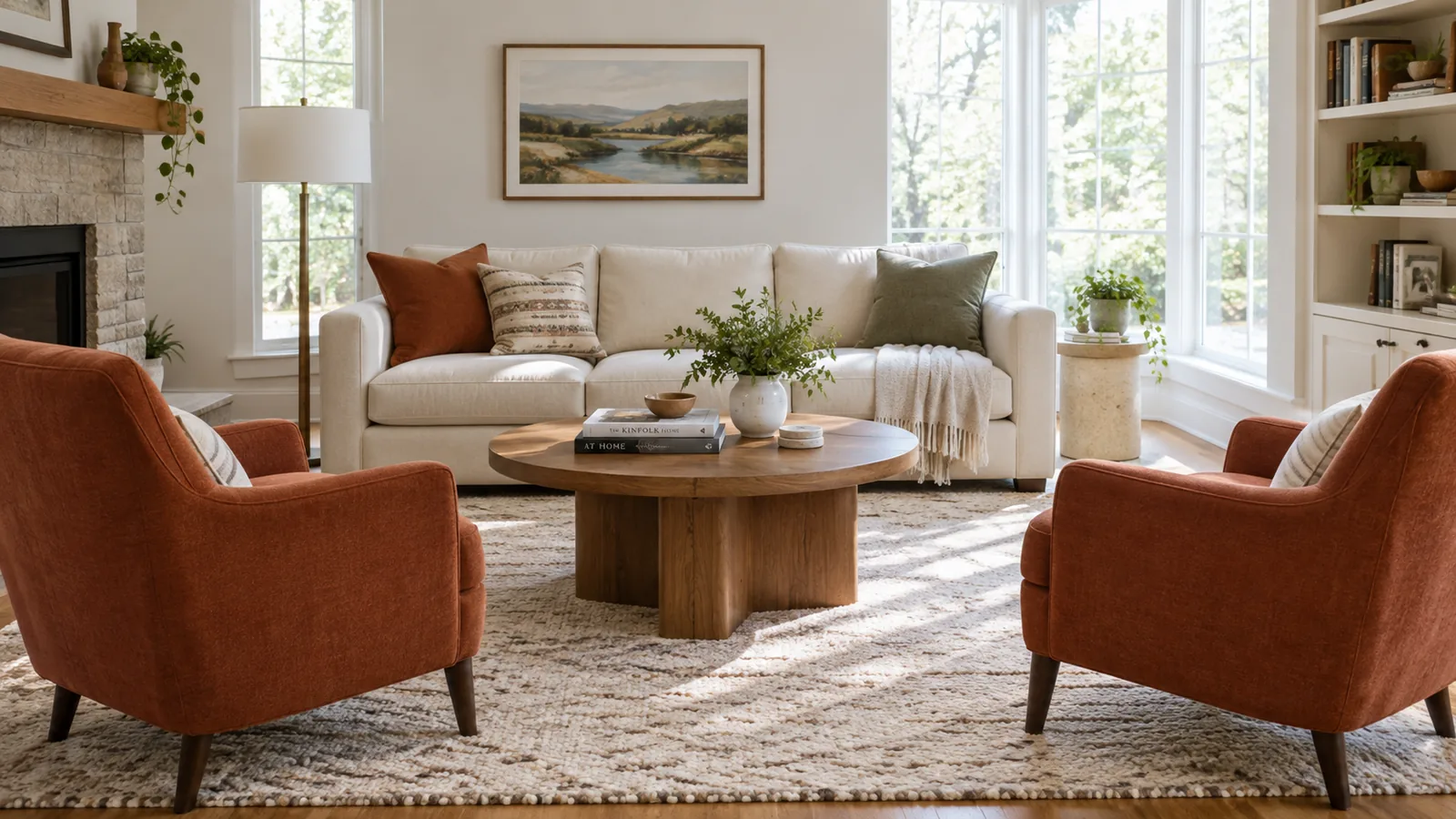 Living room with a sofa facing a TV and two armchairs facing each other across a round coffee table