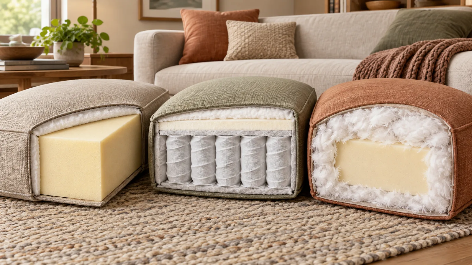 Three sofa seat cushions cut open to show a foam core, pocket springs, and a down-wrapped foam core