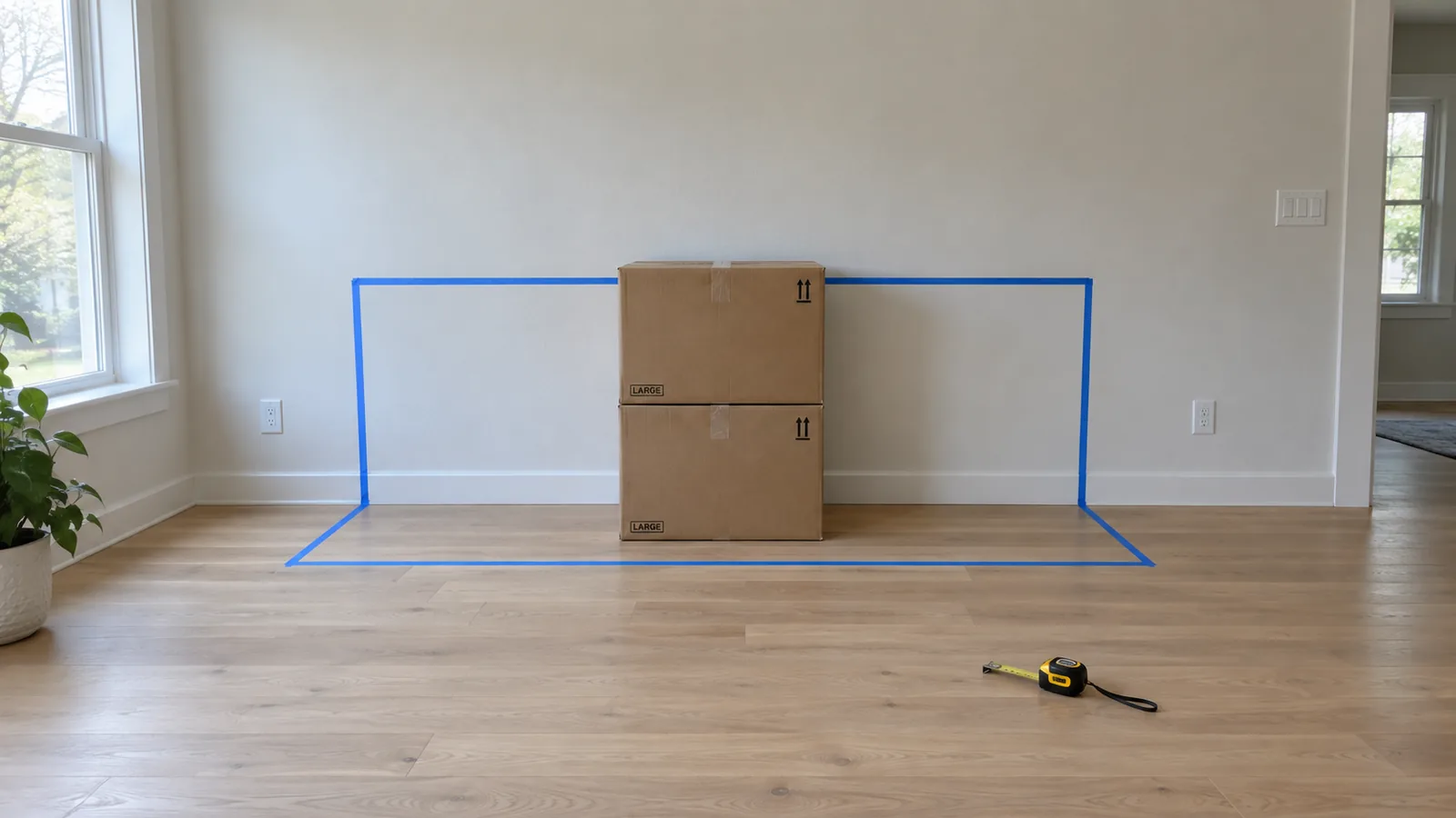 Blue painter's tape marking a sofa's width and height on an empty wall and floor, with two cardboard boxes stacked inside the outline