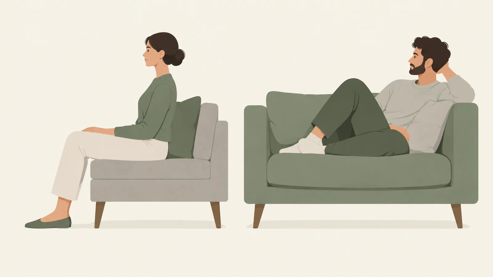 Illustration comparing a person sitting upright on a sofa with a shallow seat and a person lounging on a sofa with a deep seat