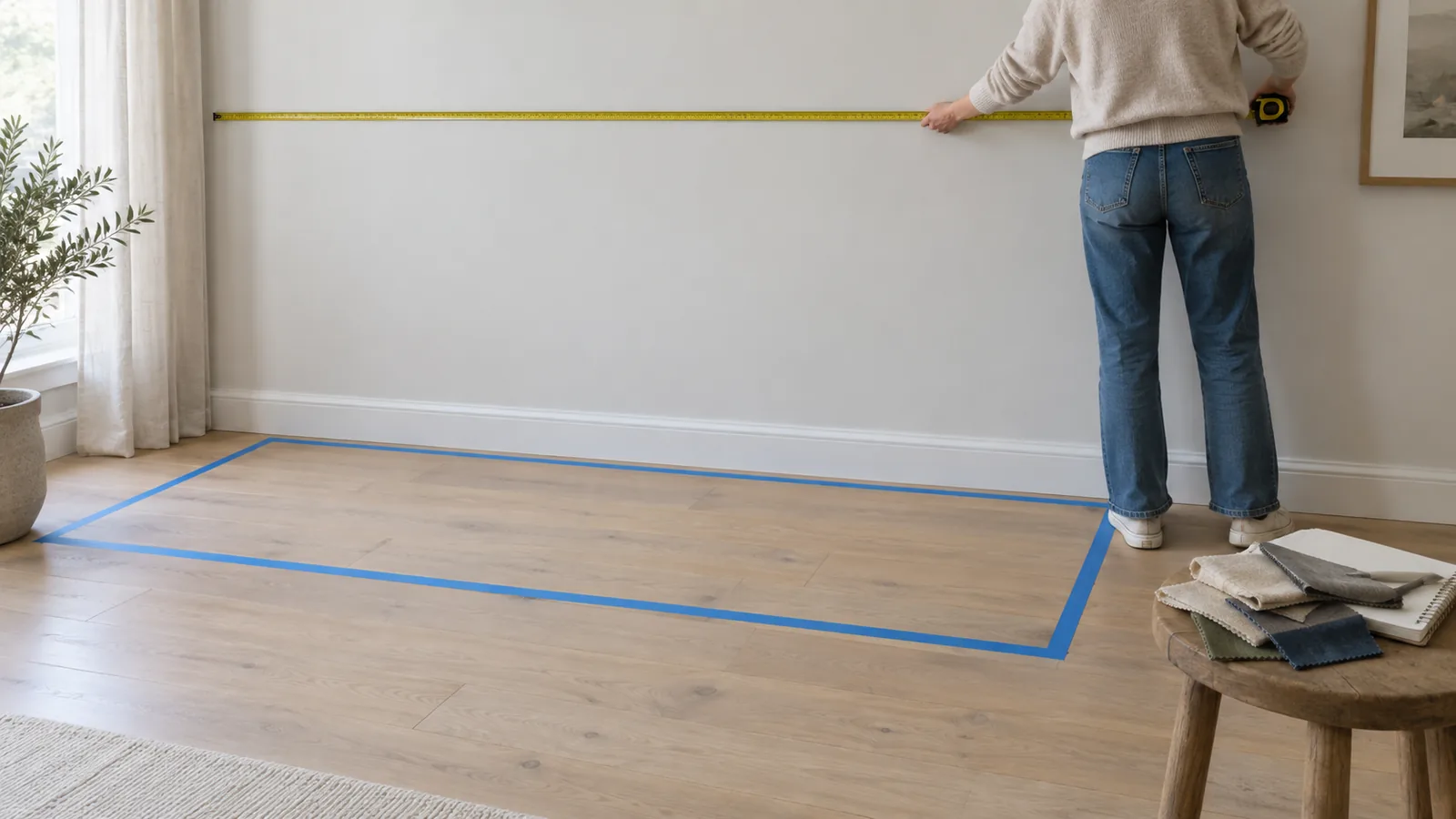 Person measuring an empty living room wall with a tape measure above a painter's tape outline of a sofa on the floor