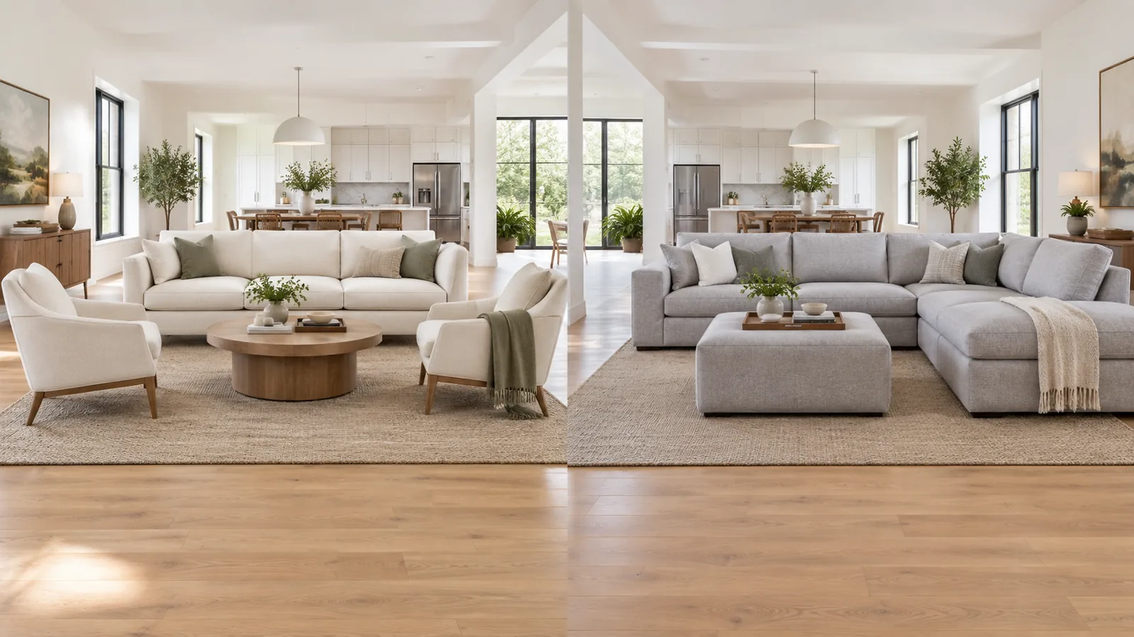 Open-plan living room shown two ways: a cream sofa with two armchairs on the left and a light gray L-shaped sectional with an ottoman on the right
