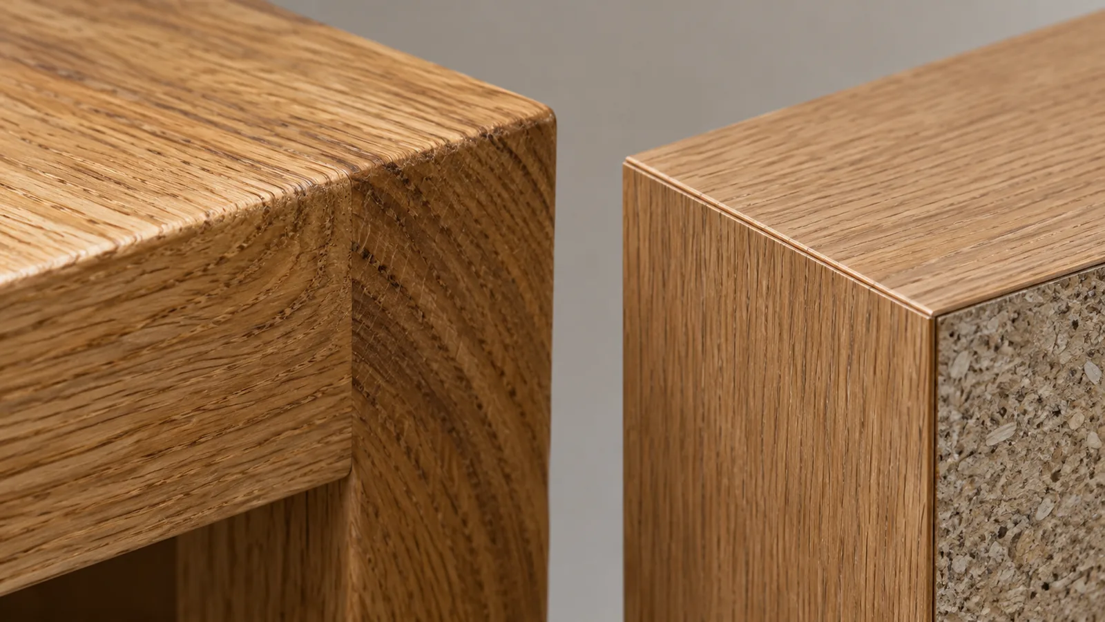 Close-up of two furniture edges: a solid oak edge with grain wrapping the corner, and a veneered edge showing a thin wood face over a particle core