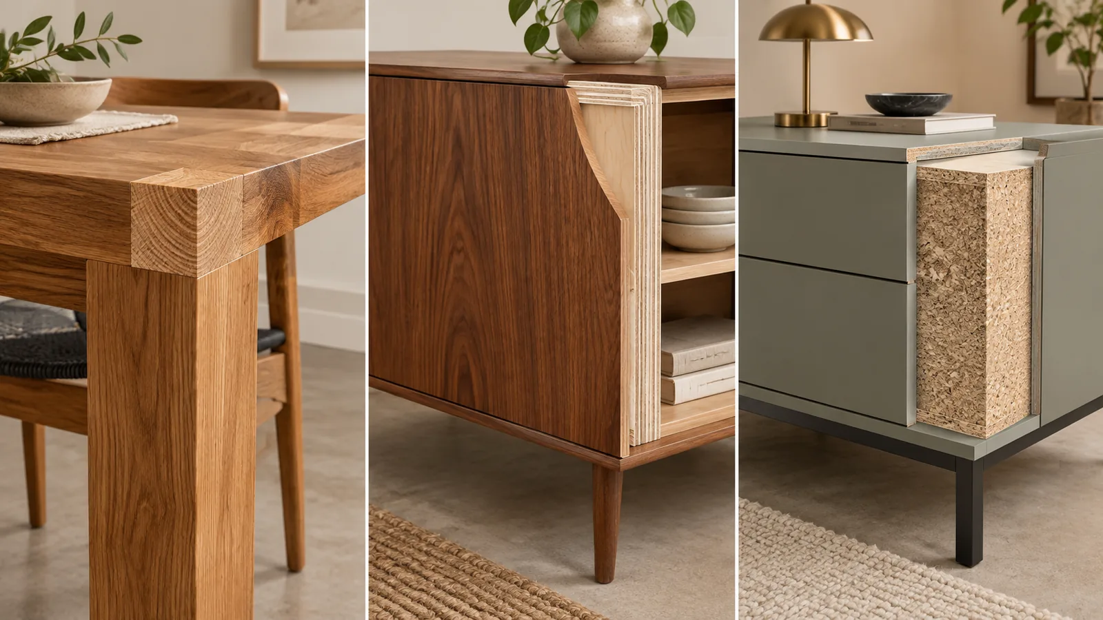 Three furniture construction details showing solid wood joinery, a walnut veneer cabinet, and an engineered wood panel core