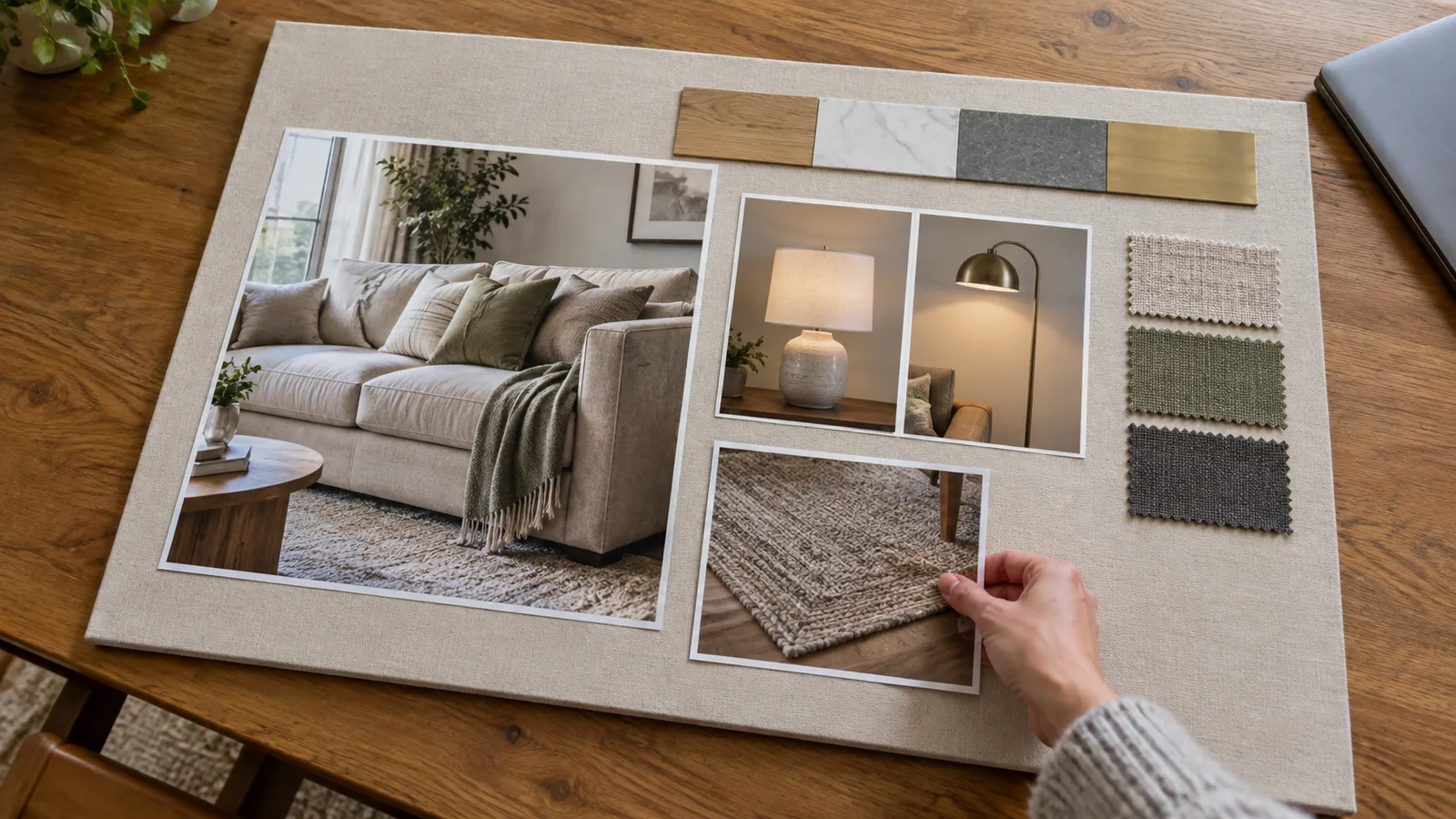 Hand arranging supporting product photos around one larger sofa image and grouped finish samples on a room board