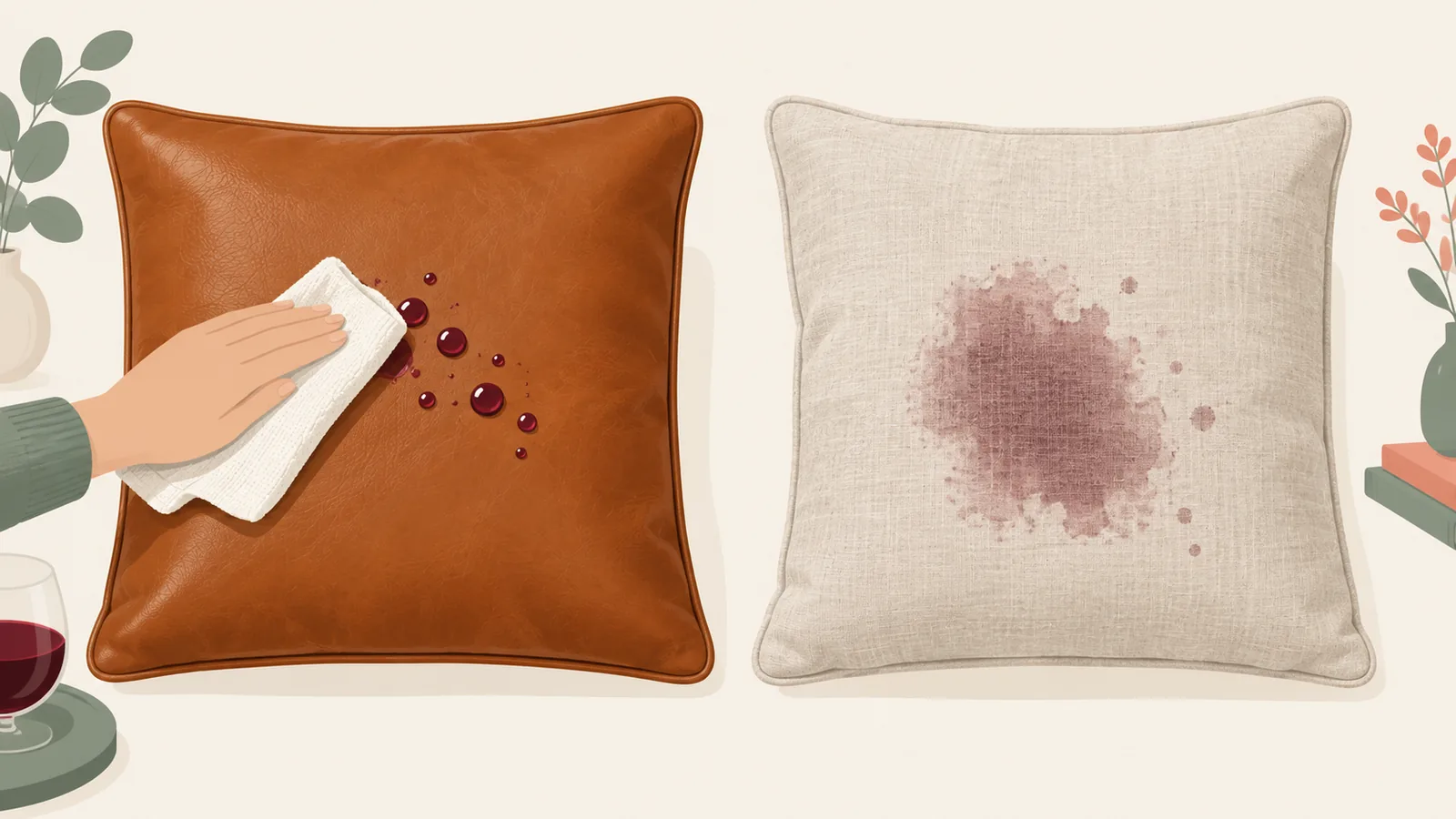 Illustration of a glass of red wine spilling on a leather cushion, where it beads on the surface, and on a linen cushion, where it soaks in