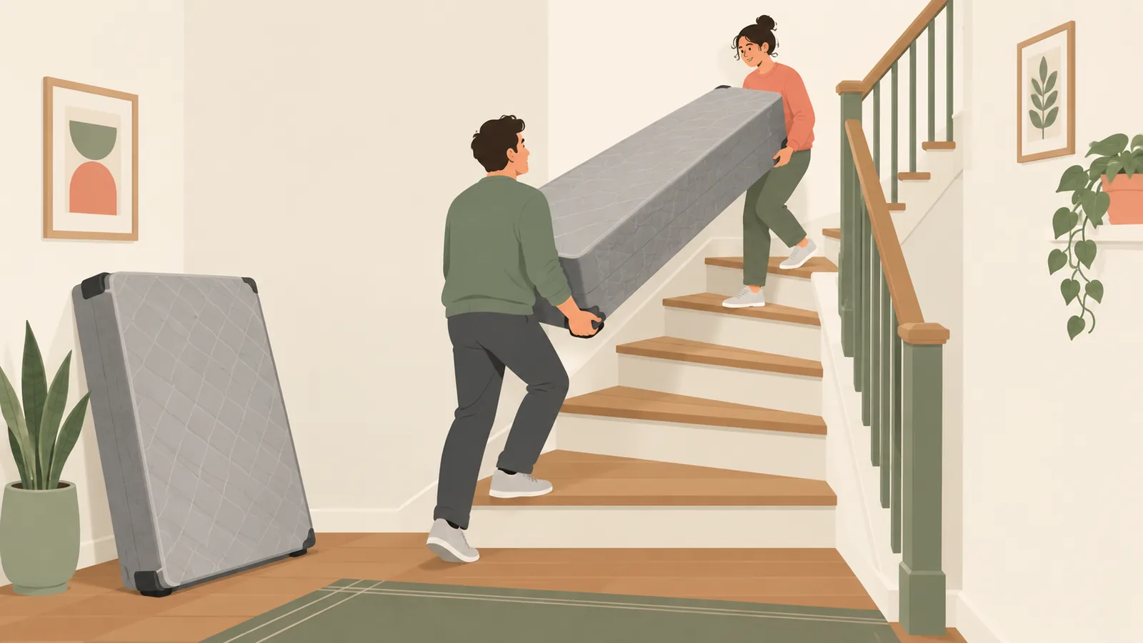 Illustration of two people carrying the two halves of a split king box spring up a narrow staircase