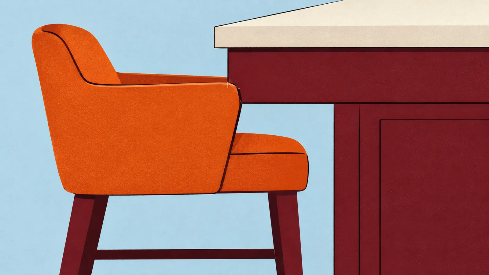 Illustrated upholstered stool arm touching the underside apron of a counter