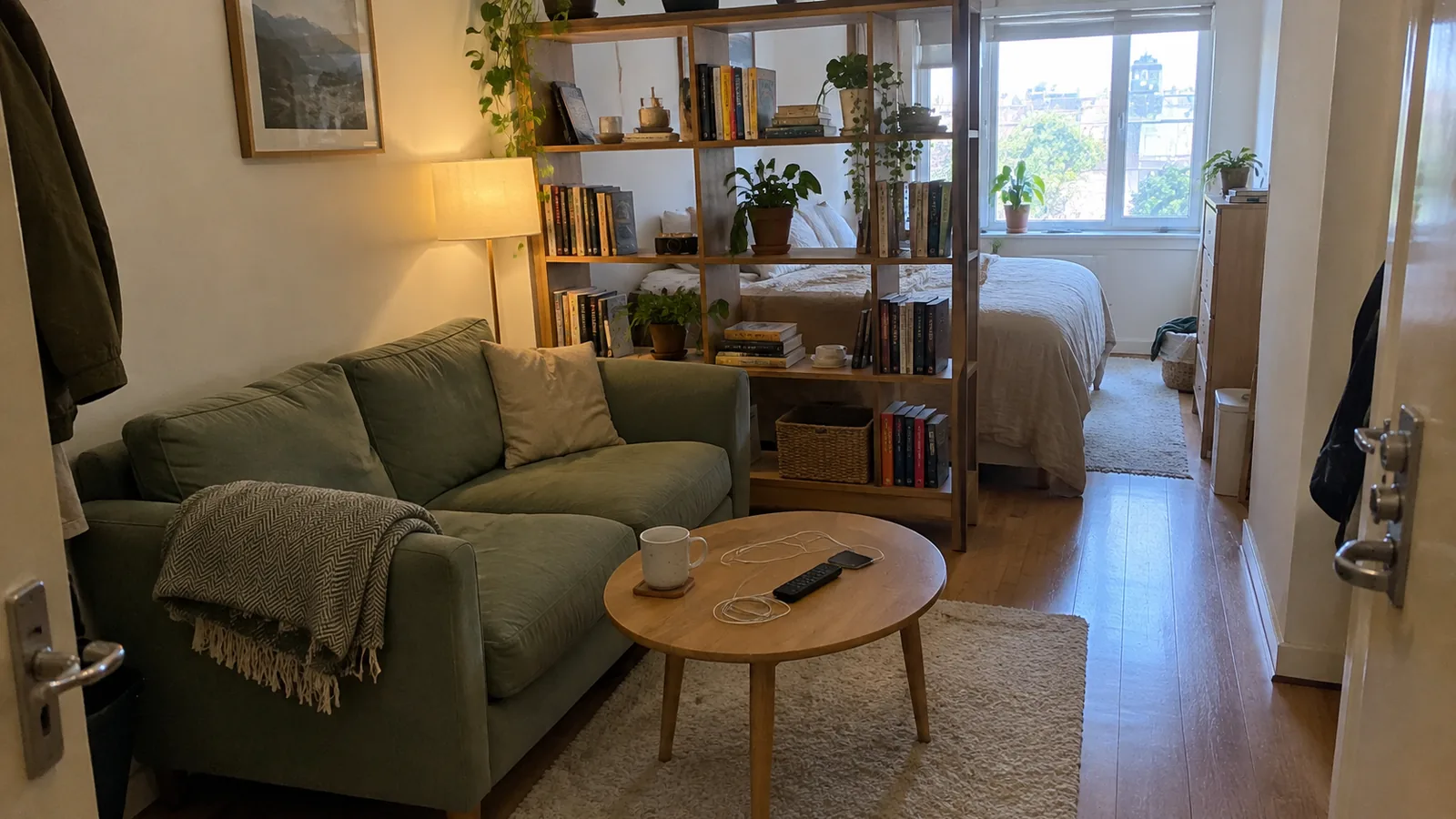 Small studio apartment where an open oak bookcase separates a bed from a green loveseat and a round coffee table, with a window at the far end