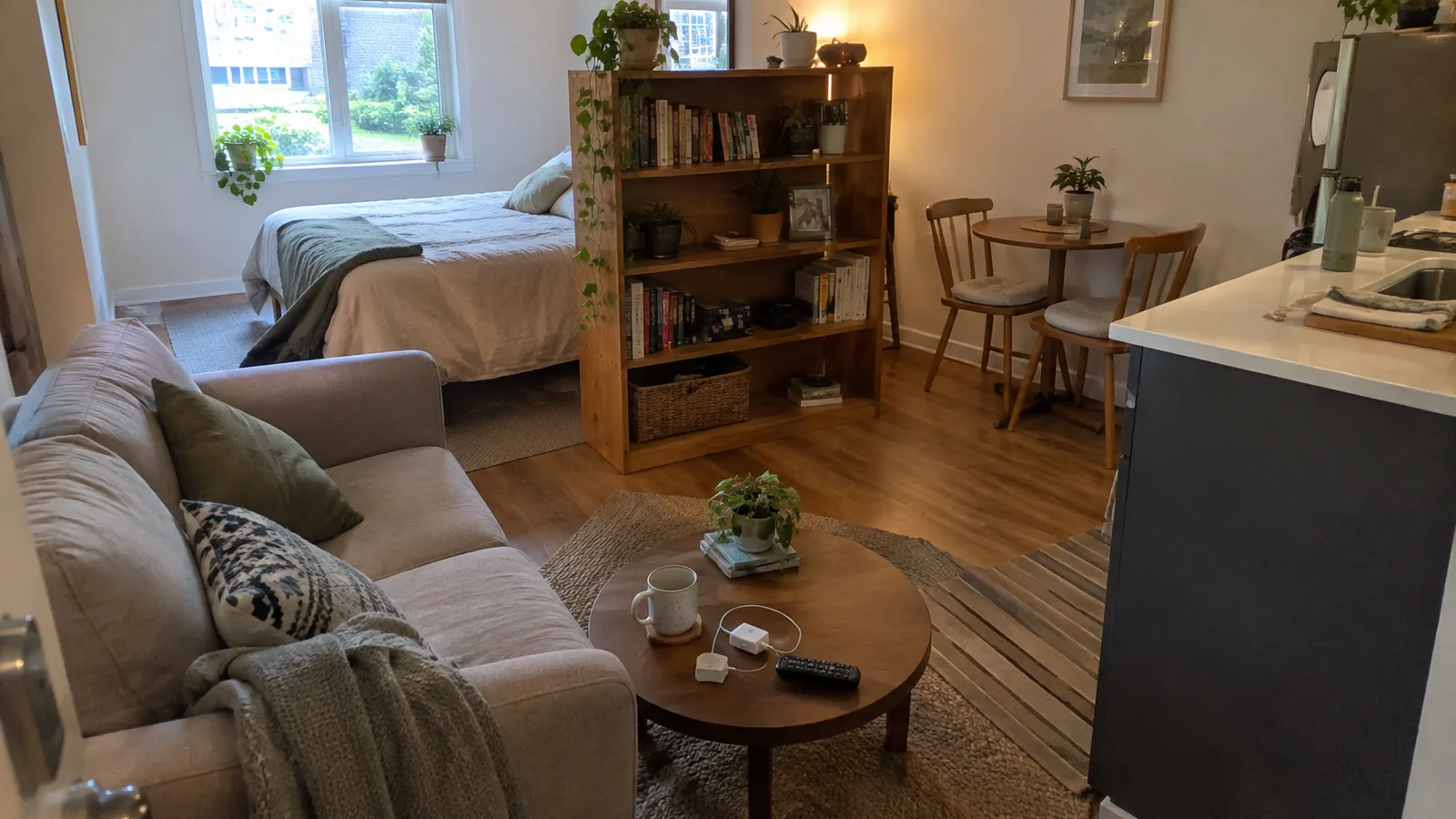 Studio apartment seen from near the kitchen: a loveseat and round coffee table in front, an open bookcase screening a bed by the window, and a small dining table for two