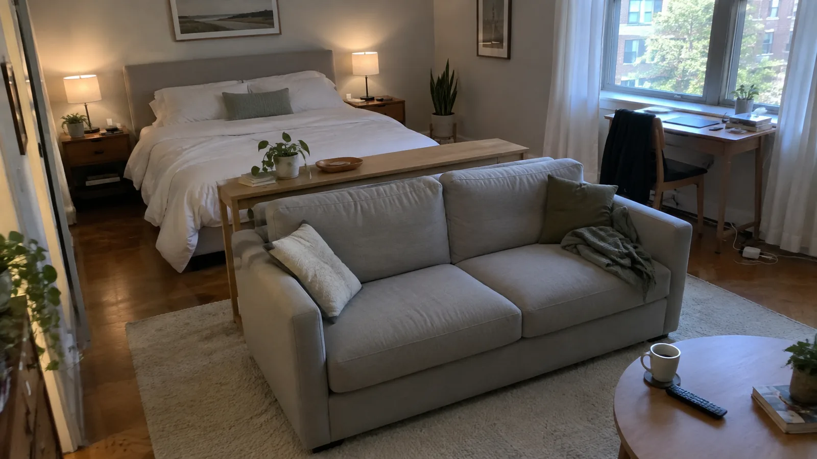 Studio apartment where the back of a light grey sofa faces a queen bed, separating the living area from the sleeping area