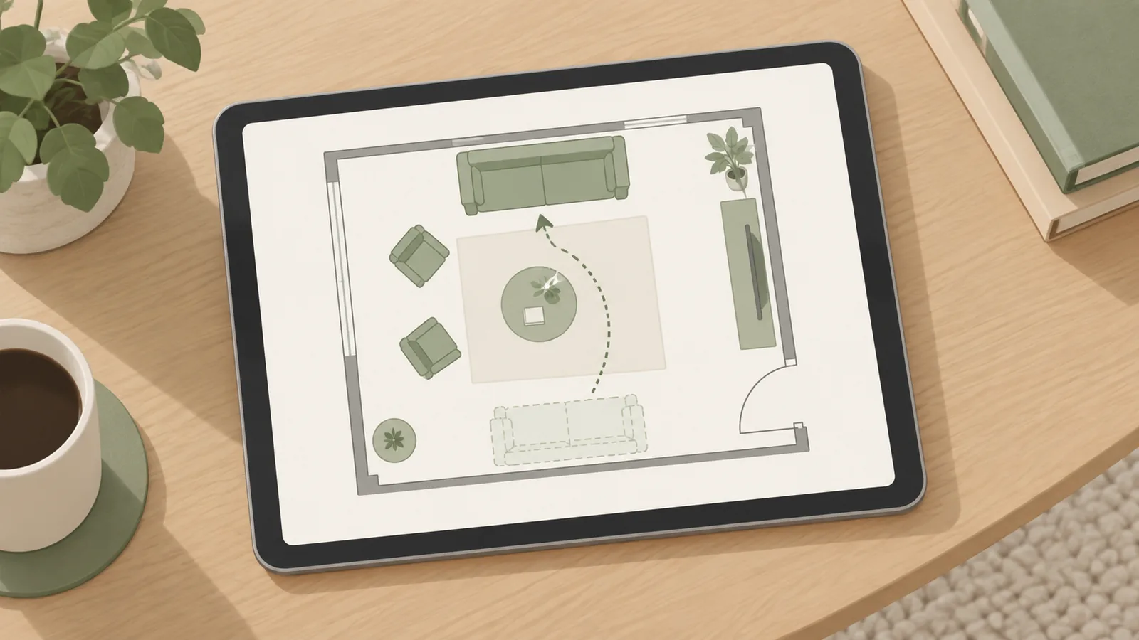 Illustration of a tablet showing a top-down floor plan with furniture blocks being rearranged, and a faint arrow showing the sofa moving from one wall to another