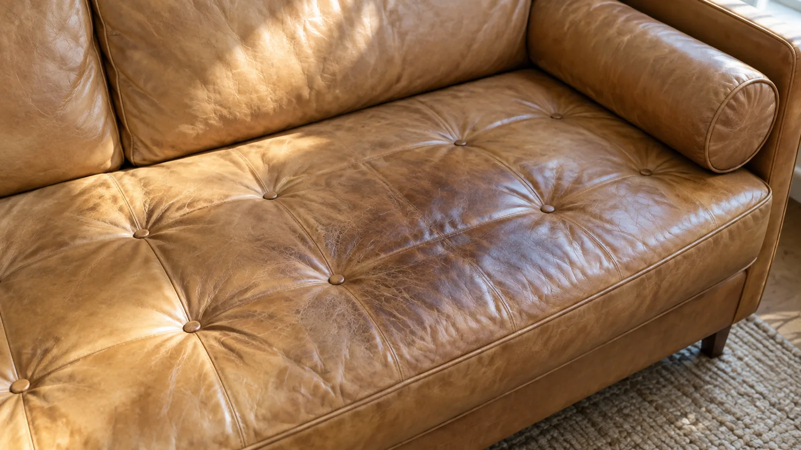 Close-up of a tan leather sofa with a long tufted bench seat and a round bolster, showing soft creases and natural grain
