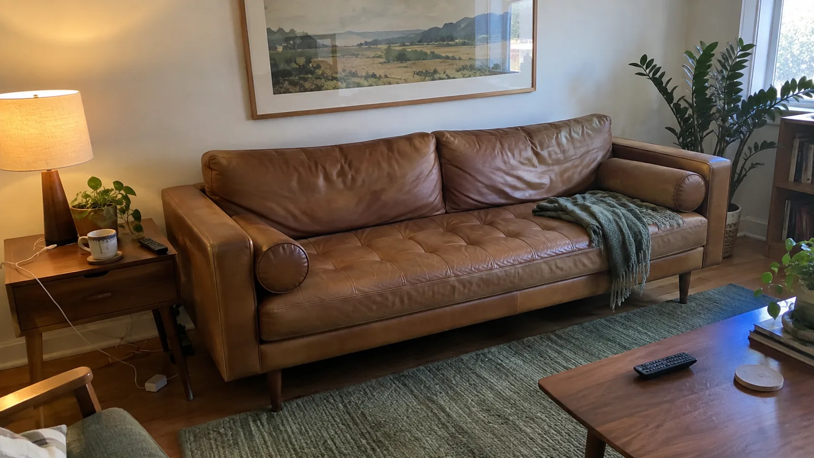 Tan leather mid-century sofa with a tufted bench seat and round bolsters on tapered wooden legs, under a landscape painting in a living room