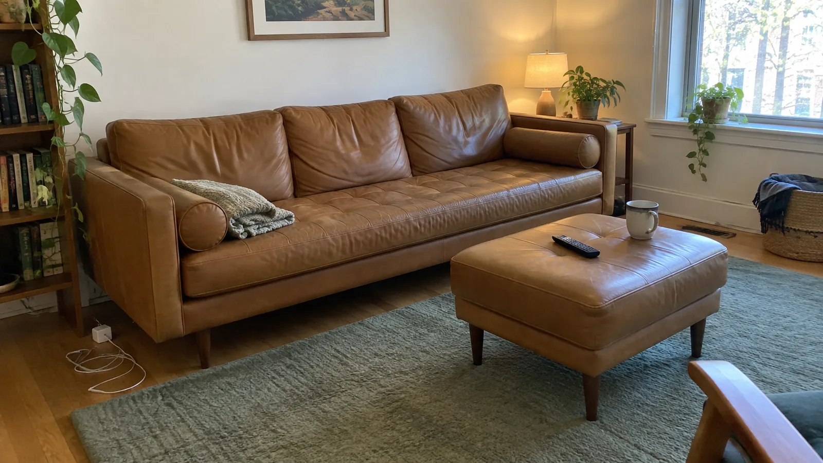 A tan leather mid-century sofa with a tufted bench seat and round bolsters in a bright living room, with a matching leather ottoman in front