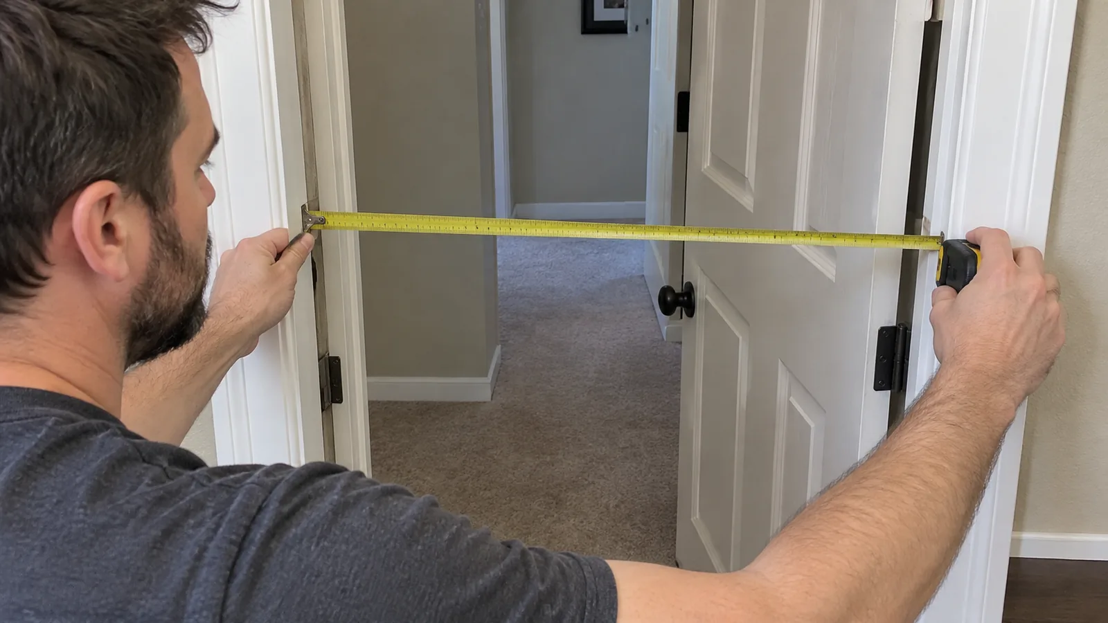 Hands holding a tape between the inside faces of a doorway, with the open door and stops visible
