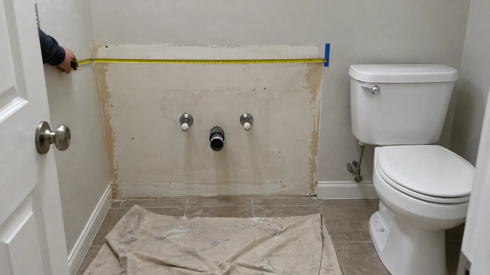 Helper holding a level tape across an empty vanity bay, from the side wall to a marked cabinet edge, with plumbing below and a toilet outside the measured bay