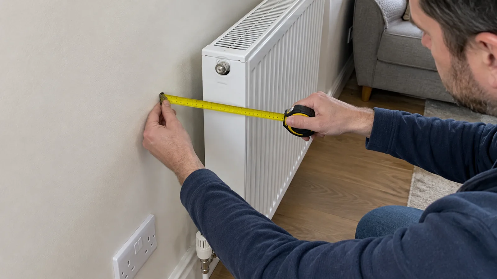 Hands measuring a radiator's projection from the wall to its foremost face