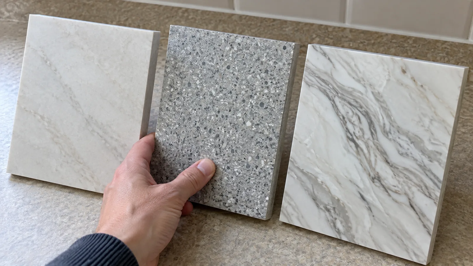 Hand holding three countertop samples upright on a kitchen counter: a pale quartz, a speckled granite and a white stone with grey veins