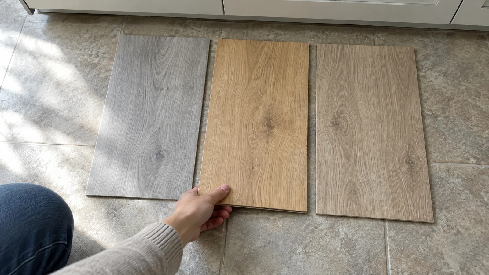 Hand aligning three flooring samples in the same daylight on an existing kitchen floor