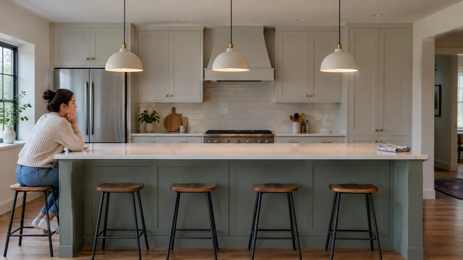 Three pendant lights seen broadside above a complete kitchen island, with the gaps and island ends clearly visible