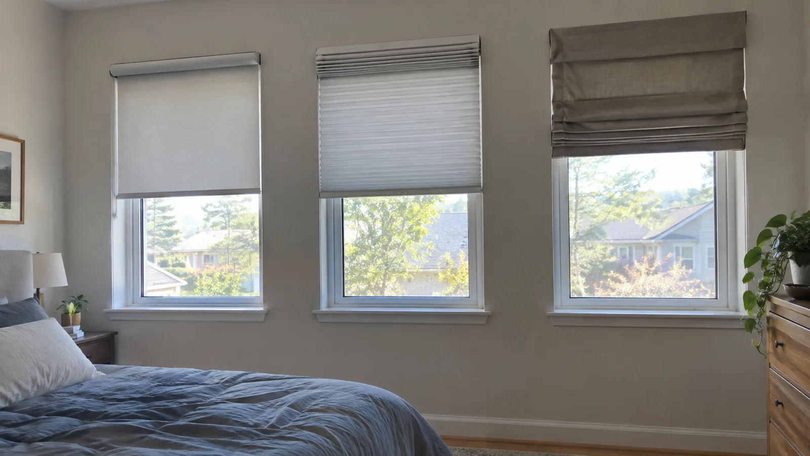 Three windows on one bedroom wall, each fitted with a different partly lowered shade: a plain roller, a pleated cellular and a folded Roman