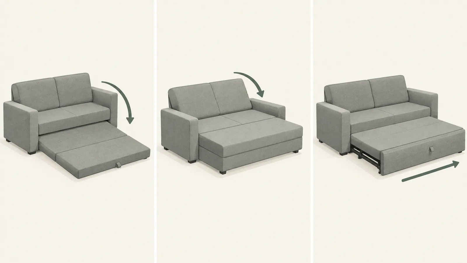 Illustration of three grey sofa beds converting, each with an arrow: one with a section folding out forward, one opening into a wide flat bed, and one with a base sliding out
